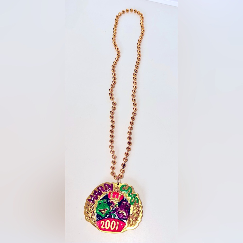 MARDI GRAS Vintage Gold Beaded Pendant Necklace New Orleans NOLA Beads
